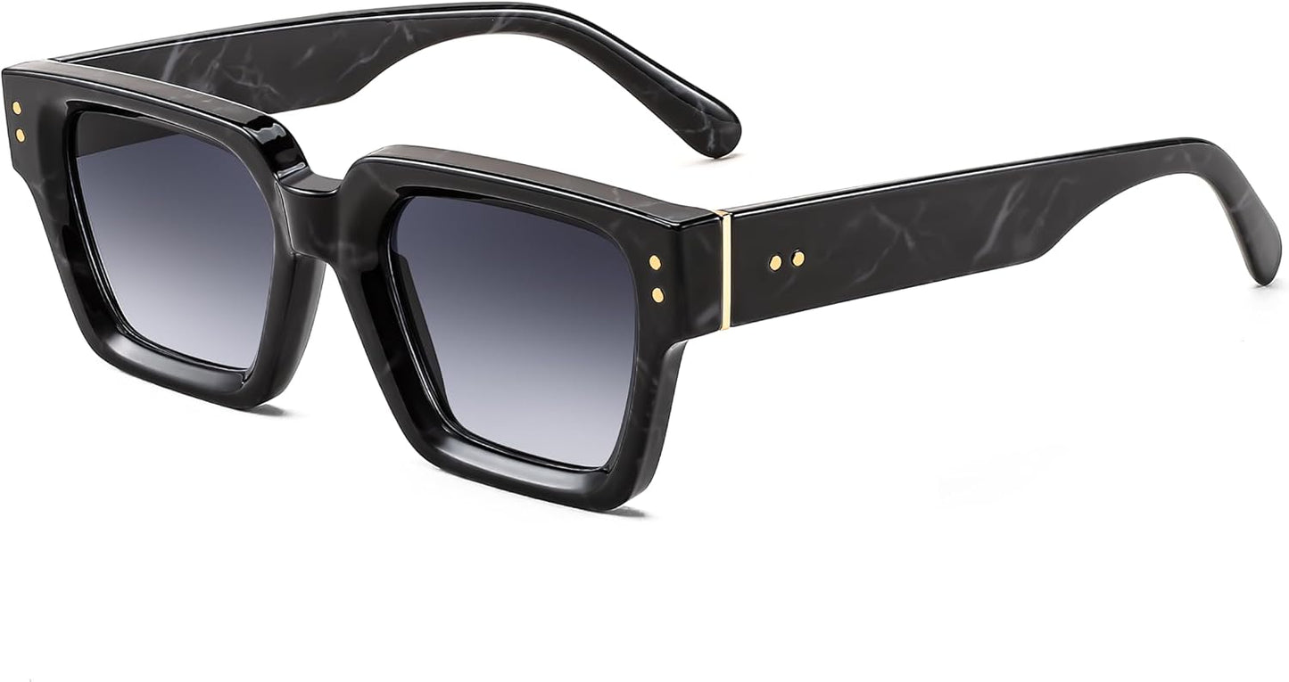 Black Marble Pattern Frame & Gradual Grey Lens / 49 Millimeters | B0CHMPM7R5 | FEISEDY Retro Rectangle Sunglasses Trendy Chunky Square Sun Glasses for Women Men UV400 Protection B0073