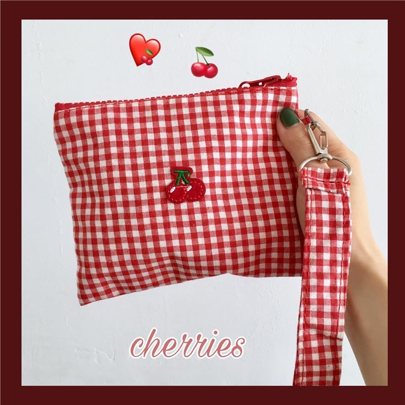 商品图片 7 | B0H2HN71LH | Cherry Coin Purse, Red Checkered Embroidered Cherry Canvas Makeup Bag, Sanitary Napkin Storage Pouch with Wrist Strap