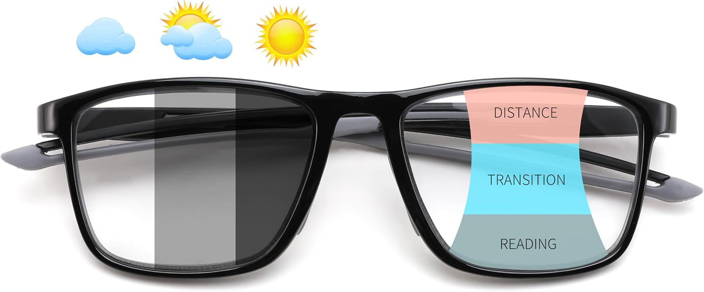 Photochromic+black / Rectangular / 4.0 x | B0GLF7QCN2 | FEISEDY Progressive Multifocal Reading Glasses Blue Light Blocking B0397 | Sports Square Frame Near-Far Dual Use Blue Light Blocking Reading Glasses for Women Men