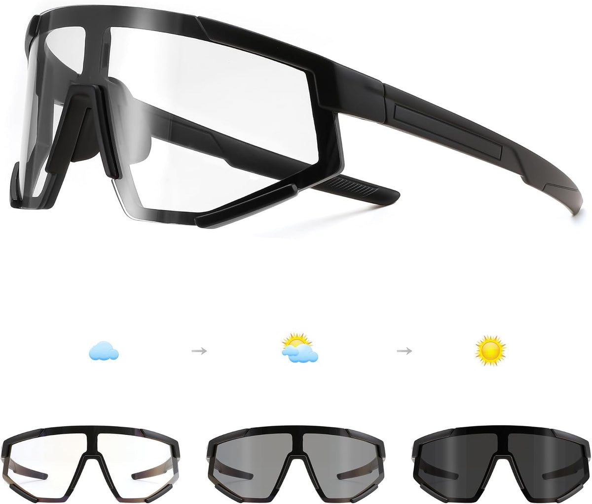 Black Frame / Large | B0DFMD2GW8 | FEISEDY Photochromic Sports Sunglasses for Men Women Night Vision Cycling Driving Running Glasses B0233