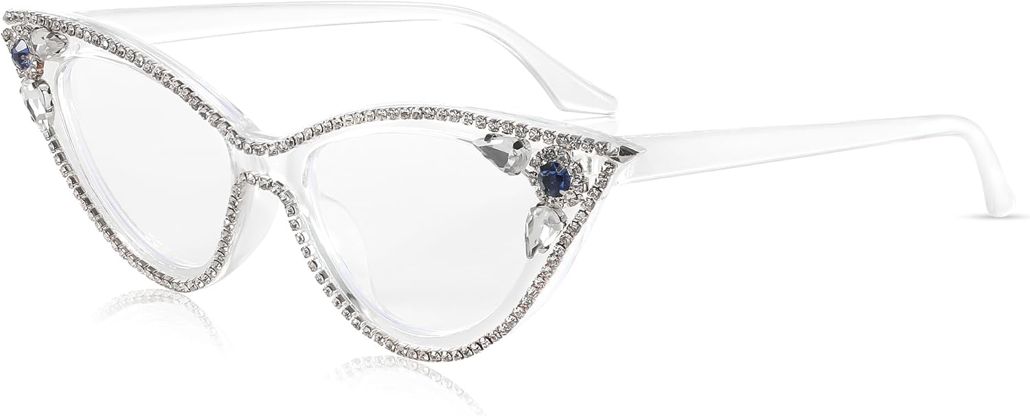 Transparent / 50 Millimeters | B0CQ554Y7W | FEISEDY Diamond Blue Light Blocking Glasses Cat Eye Rhinestone Women Glasses Frame Anti Eyestrain Computer Eyewear B0070
