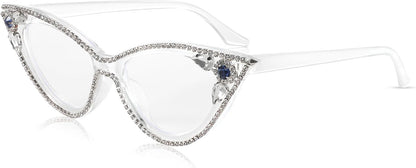 Transparent / 50 Millimeters | B0CQ554Y7W | FEISEDY Diamond Blue Light Blocking Glasses Cat Eye Rhinestone Women Glasses Frame Anti Eyestrain Computer Eyewear B0070