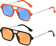 2 Pack - Orange/Blue + Black/Yellow / 59 Millimeters | B0F5MYM3CL | FEISEDY Vintage Square 70s Flat Aviator Sunglasses Women Men Metal Design Shades B2752