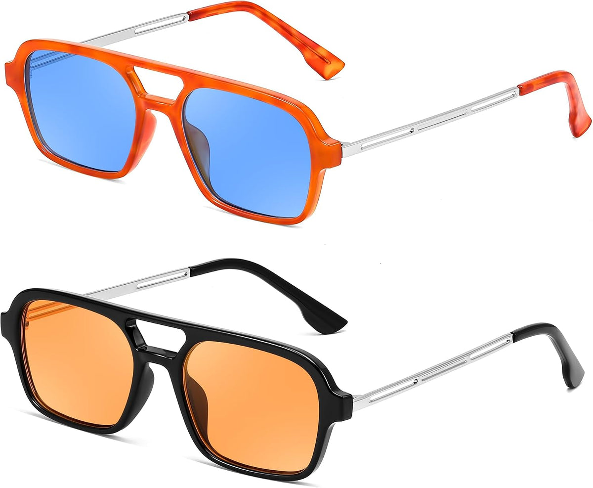 2 Pack - Orange/Blue + Black/Yellow / 59 Millimeters | B0F5MYM3CL | FEISEDY Vintage Square 70s Flat Aviator Sunglasses Women Men Metal Design Shades B2752