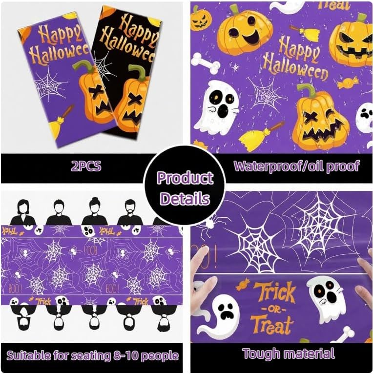 商品图片 3 | B0FLXC9QDS | Tablecloth (2 Pack) 51.2 x 86.6 Inch Disposable Plastic Table Cover for Party Ghost/Bone/Ghost Face Pumpkin Decorations Birthday Party Indoor Outdoor Decor