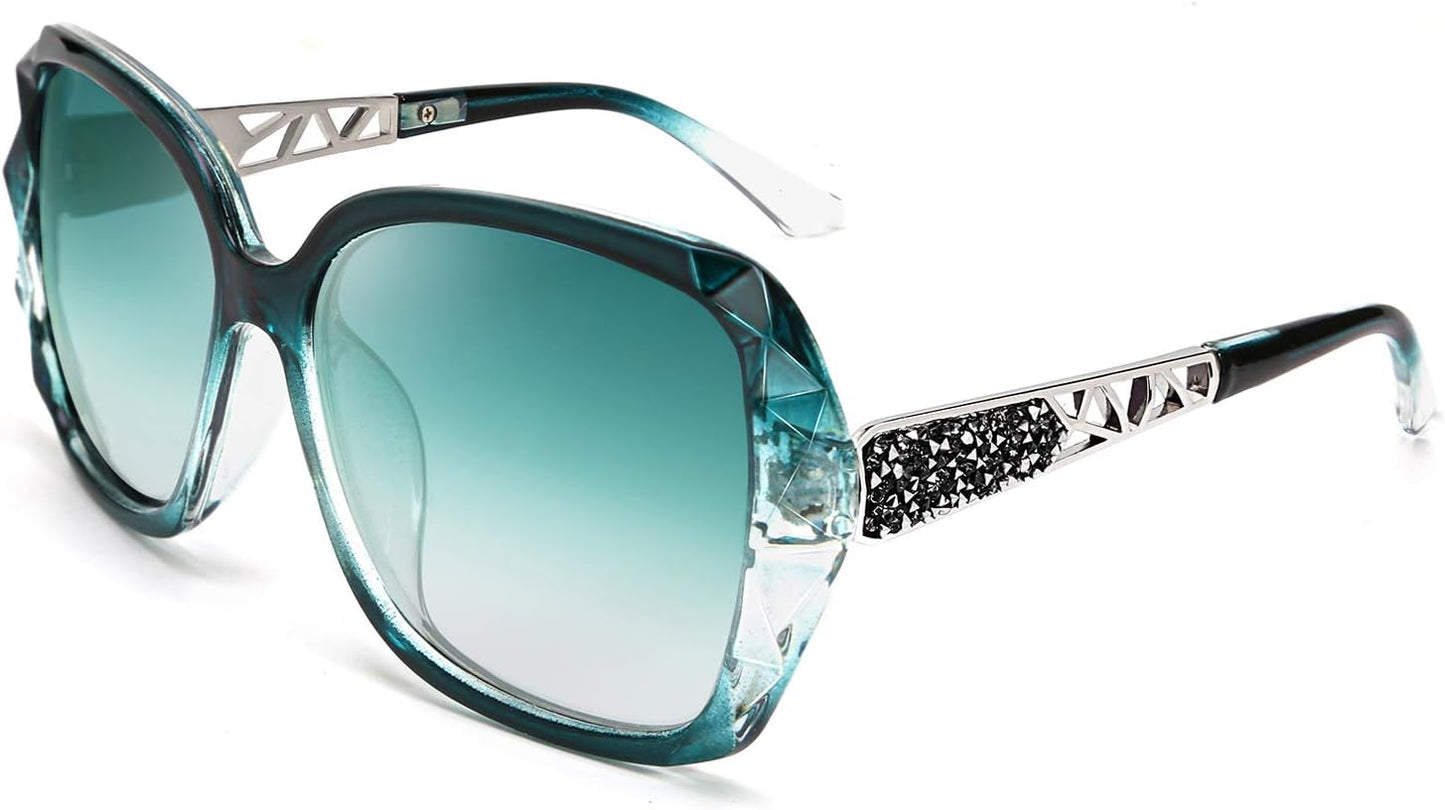 Emerald Green / 56 Millimeters | B087314CZ4 | FEISEDY Polarized Women Square Sunglasses Sparkling Composite Shiny Frame B2289