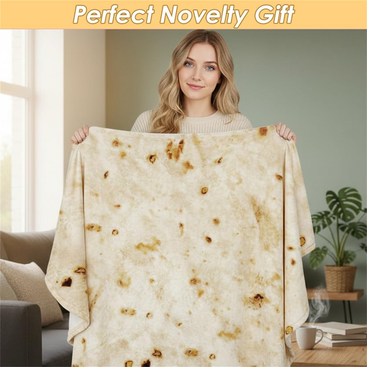 商品图片 3 | B0FMK1Z1BG | Burritos Tortilla Blanket, Tortilla Wrap Novelty Funny Soft Round Blanket (Beige, 47 inches)