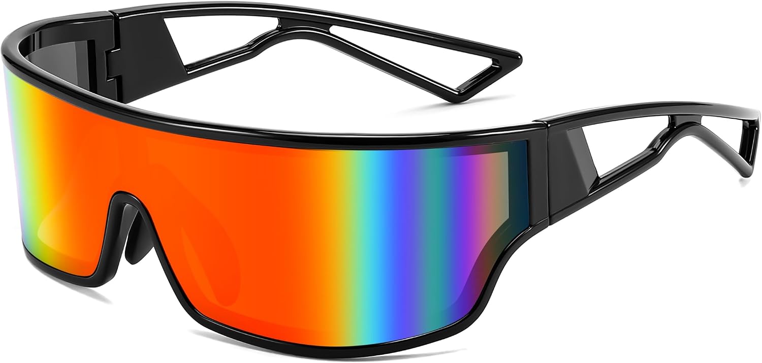 Black Frame Red Mirrored Lens / 75 Millimeters | B0D3PSC8ZS | FEISEDY Trendy Futuristic Wrap Sunglasses Flat Top Mirrored One Piece Lens Reflective Sun Glasses for Women Men B0161