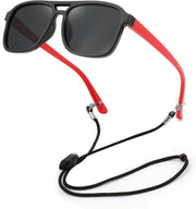 02 Black / Red / 48 Millimeters | B0D3L4BMZC | FEISEDY Kids Polarized Sunglasses Flexible TPEE Rubber Toddler Aviator Shades with Strap for Boys Girls Age 3-9