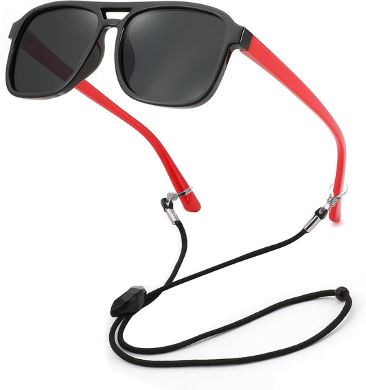02 Black / Red / 48 Millimeters | B0D3L4BMZC | FEISEDY Kids Polarized Sunglasses Flexible TPEE Rubber Toddler Aviator Shades with Strap for Boys Girls Age 3-9
