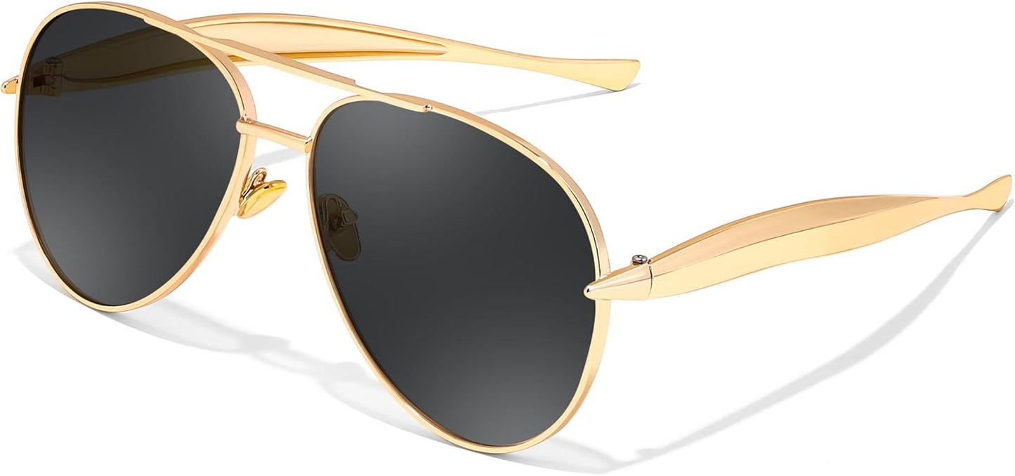 Gold/Grey / 60 Millimeters | B0FKML4TG2 | FEISEDY Oversized Aviator Sunglasses Women Men - Retro Gold Metal Chunky Frame, UV400 for Driving & Daily Wear B0311