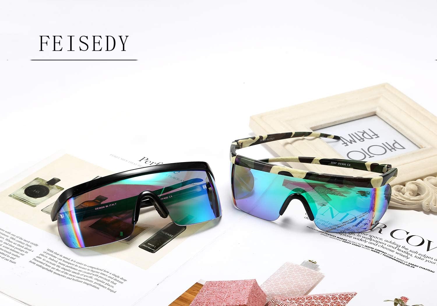商品图片 48 | B096SD9GGG | FEISEDY Oversized Mirror Shield Sport 80s Sunglasses Ski Goggles Flat Top One Piece Futuristic Visor Women Men B2522