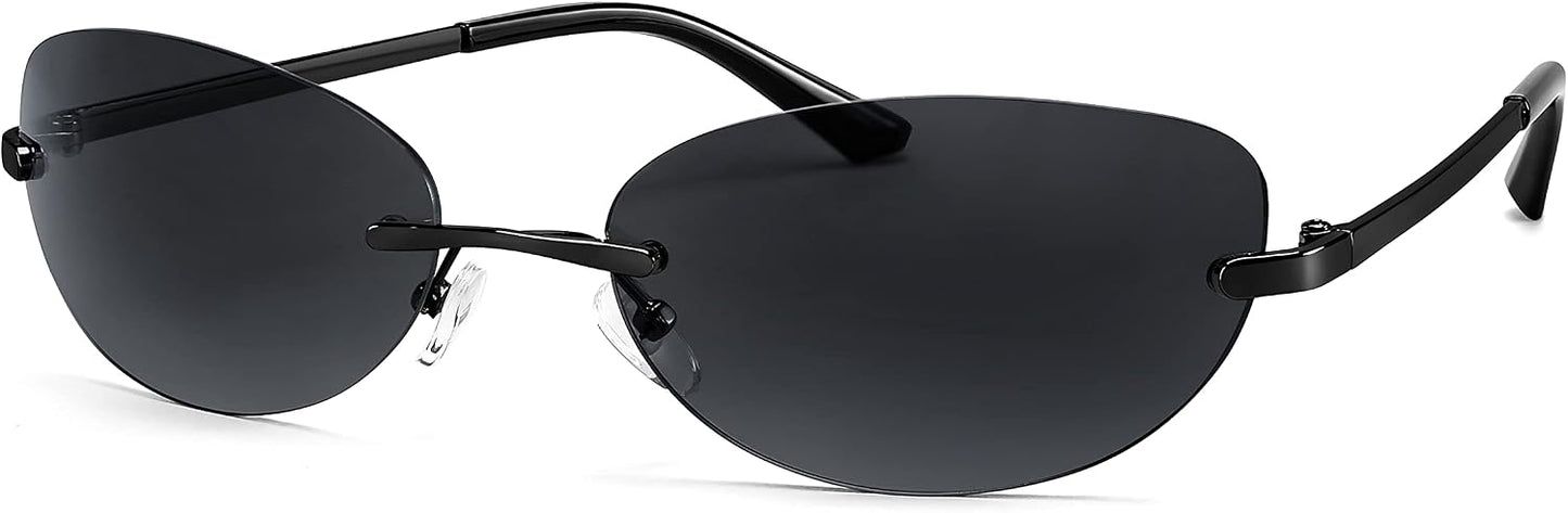 001 Black Frame | Grey Lens / 62 Millimeters | B0BZPDX49W | FEISEDY Trendy Rimless Oval Sunglasses for Women Men Retro 90s Eyewear Frame Y2K Glasses B2393