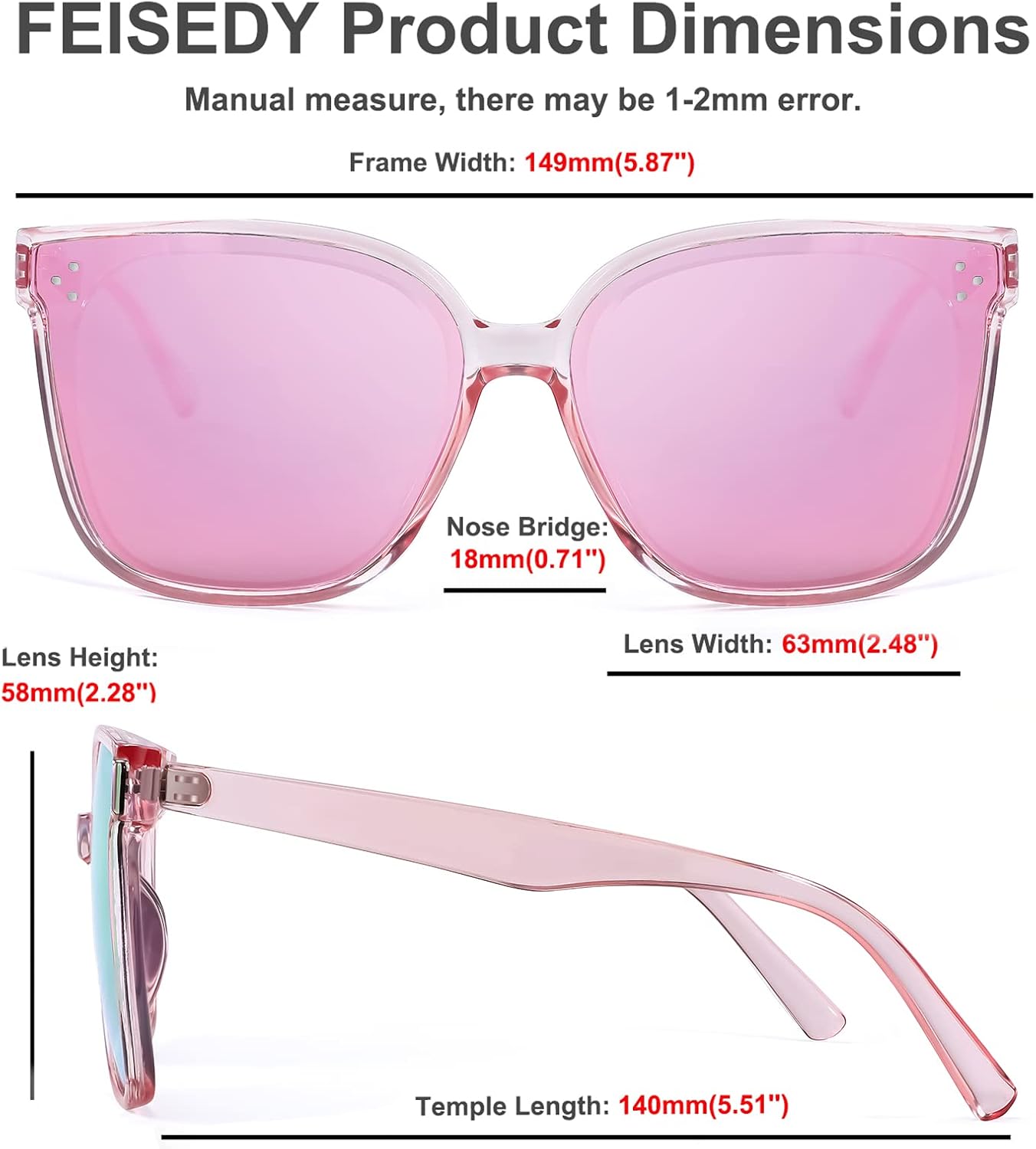 商品图片 56 | B0871BKMTN | FEISEDY Oversized Polarized Sunglasses - UV400 Protection, Square Fashion Sun Glasses for Outdoor & Daily B2600