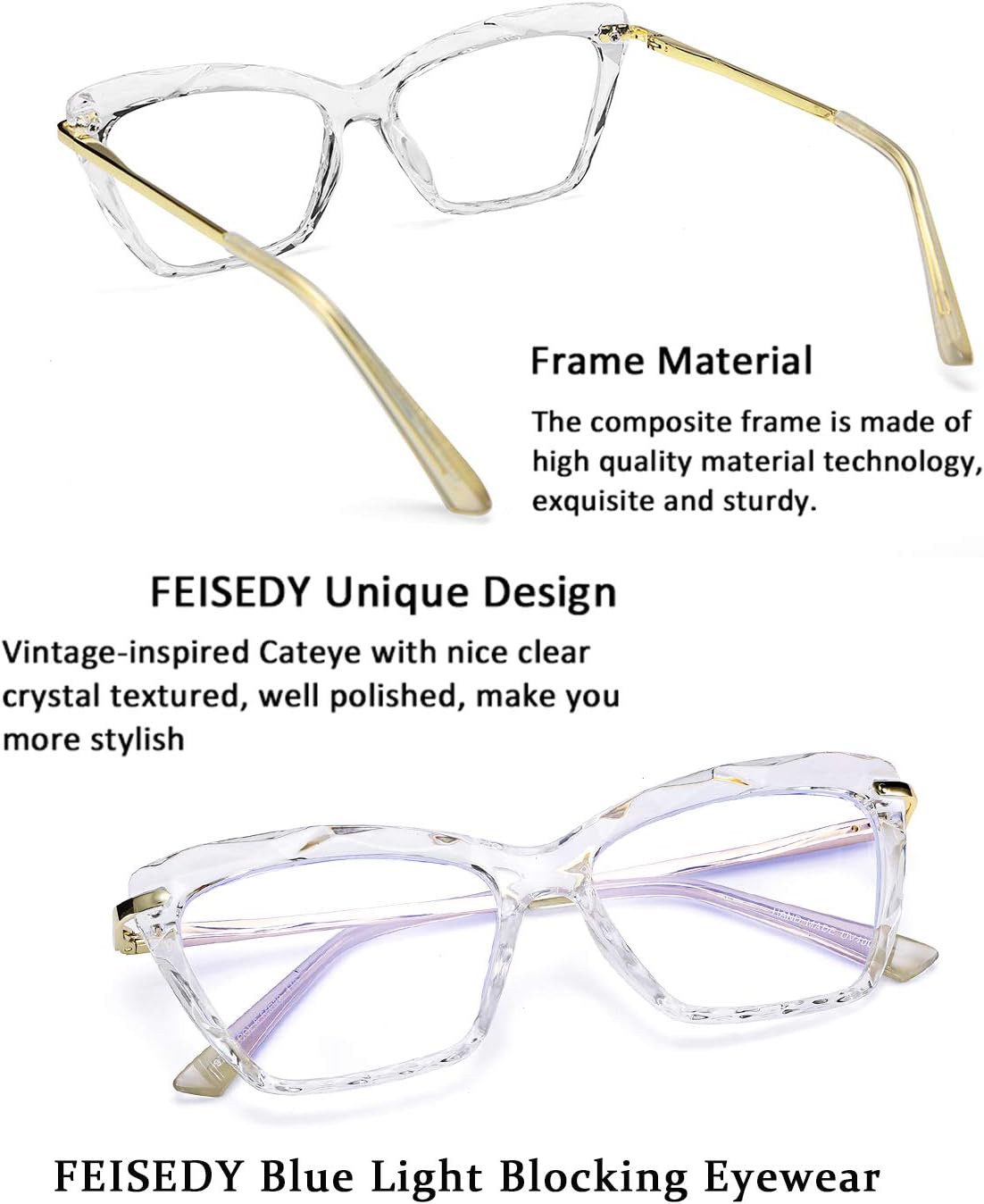 ÉÌƷͼƬ 27 | B07S9JPPPF | FEISEDY Crystal Cat Eye Glasses Frame Blue Light Blocking Computer Eyewear B2500