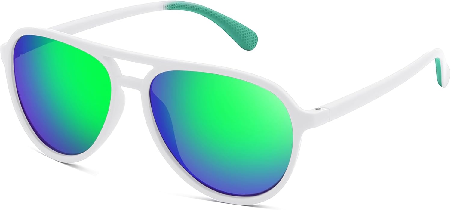 A White/Green / 56 Millimeters | B0GFN3BXXD | FEISEDY Polarized Aviator Sunglasses for Men Women Trendy Sports B0324 | 100% UV400 protection, HD TAC lenses, Lightweight & durable, Driving, Hiking, Fishing, 50% recycled materials