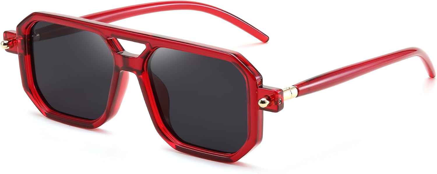 024 Wine Red Frame & Grey Lens / 52 Millimeters | B0DF28TXNT | FEISEDY Vintage Square 70s Flat Aviator Sunglasses Women Men Classic Retro Stylish Frame UV400 Sunglasses B2622