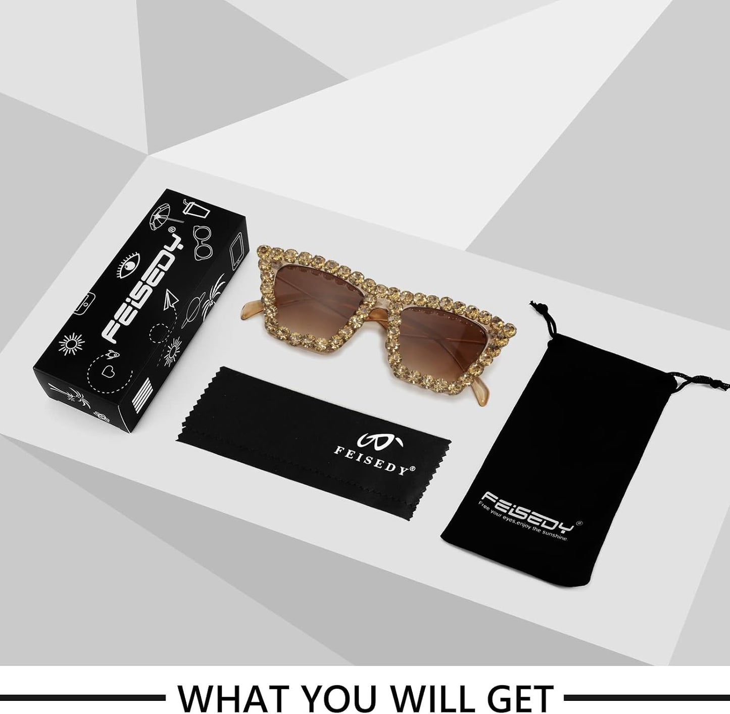 商品图片 31 | B09V7X56D4 | FEISEDY Women Crystal Square Cat Eye Sunglasses Sparkling Trendy Retro Cateye Sunglasses B2898