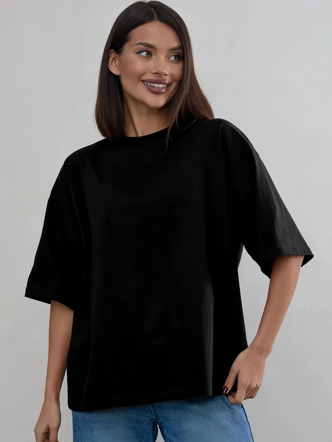 Large | B0GZ3FL7KB | Women's Basic Oversized T-Shirt, Loose Fit Crewneck Short Sleeve Tee, Casual Solid Color Drop Shoulder Top