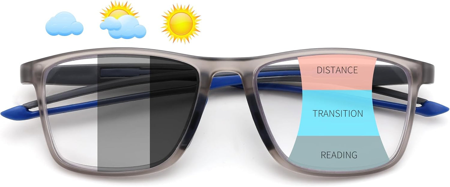Photochromic+grey / Rectangular / 4.0 x | B0GLF3GCBL | FEISEDY Progressive Multifocal Reading Glasses Blue Light Blocking B0397 | Sports Square Frame Near-Far Dual Use Blue Light Blocking Reading Glasses for Women Men