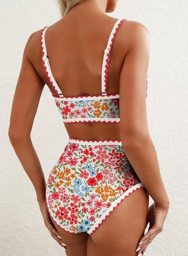 商品图片 4 | B0GWZVM7MG | High Waisted Bikini Sets for Women, 2 Piece Floral Whip Stitch Slim Fit Swimsuits, Scoop Neck Tummy Control Bathing Suits