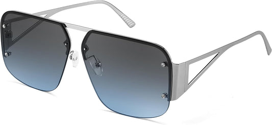 Silver Frame Blue Lens / 62 Millimeters | B0CP2666ZB | FEISEDY Trendy Aviator Sunglasses for Women Men Retro Metal Rimless Frame Square Shades B2985