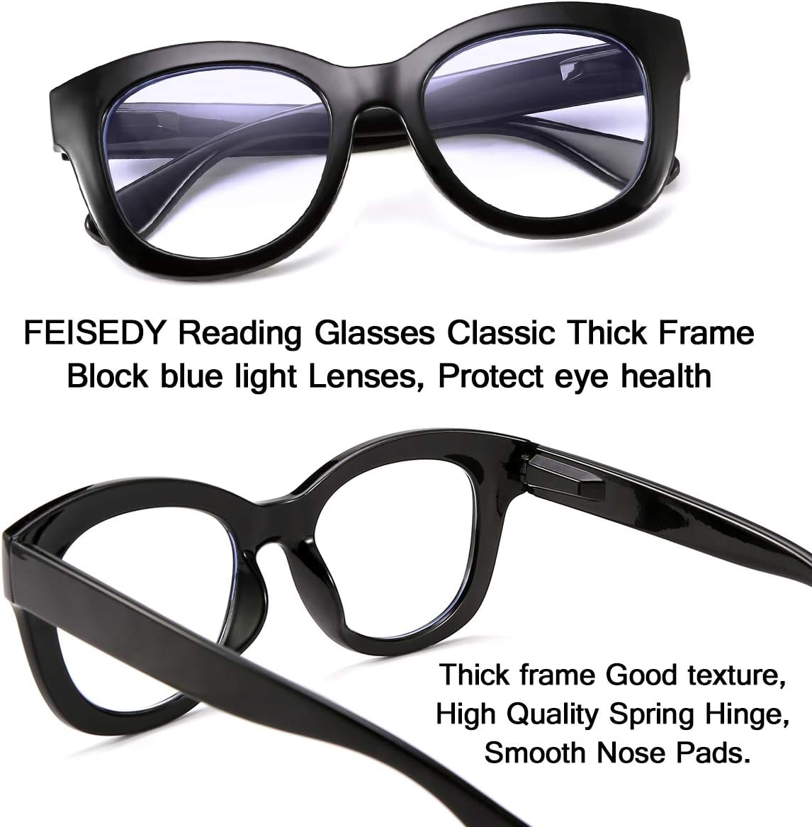 商品图片 11 | B082SVW71F | FEISEDY Retro Reading Glasses Thick Square Big Frame Blue Light Blocking Lens Anti Glare Digital Eyestrain B2534