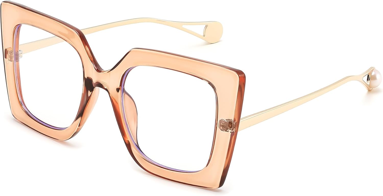 Brown / 62 Millimeters | B08DFDQ4K5 | FEISEDY Oversized Square Blue Light Blocking Glasses Eye Strain Glare Pearl Inlay Arm Cat Eye Fashion Eyewear B2639