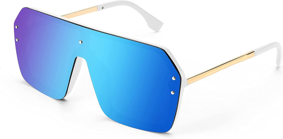 06 Mirrored Blue / 64 Millimeters | B0853ZT2HR | FEISEDY Classic Siamese One Piece Sunglasses Nice Rimless Stylish Retro Design for Women Men B2574