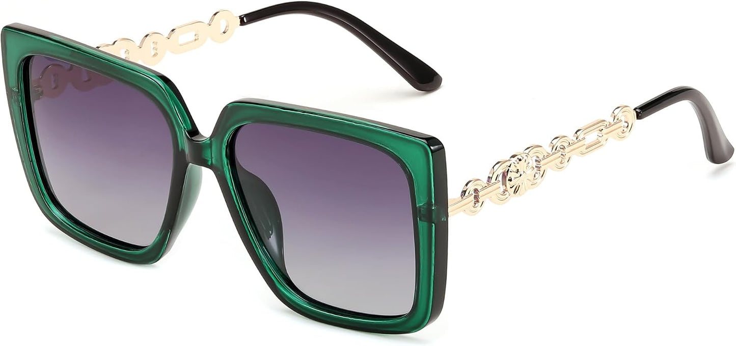 Dark Green Frame Polarized Gradient Grey Lens / 55 Millimeters | B0CXDXZ6C5 | FEISEDY Sunglasses Womens Trendy, Oversized Square Shades, Pearl Inlay Cat Eye Frame UV400 Protection B2625