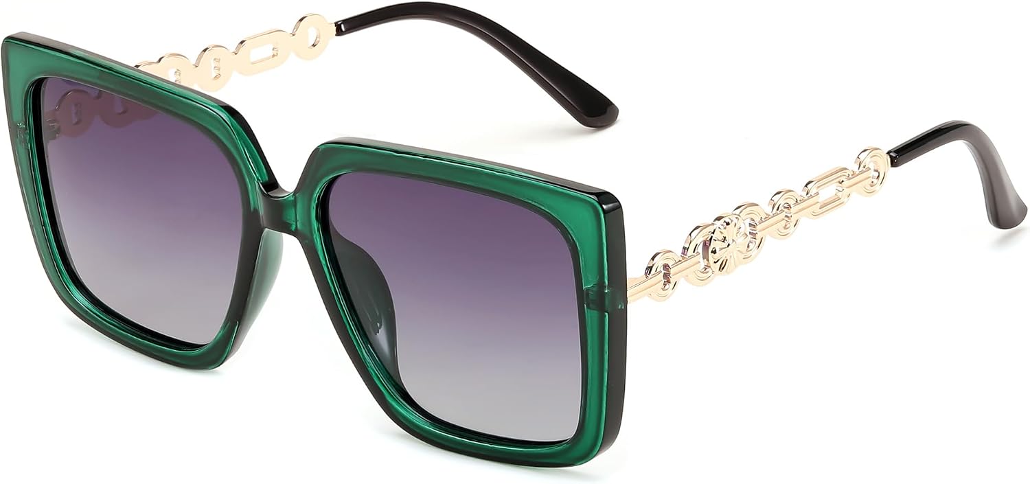 Dark Green Frame Polarized Gradient Grey Lens / 55 Millimeters | B0CXDXZ6C5 | FEISEDY Sunglasses Womens Trendy, Oversized Square Shades, Pearl Inlay Cat Eye Frame UV400 Protection B2625