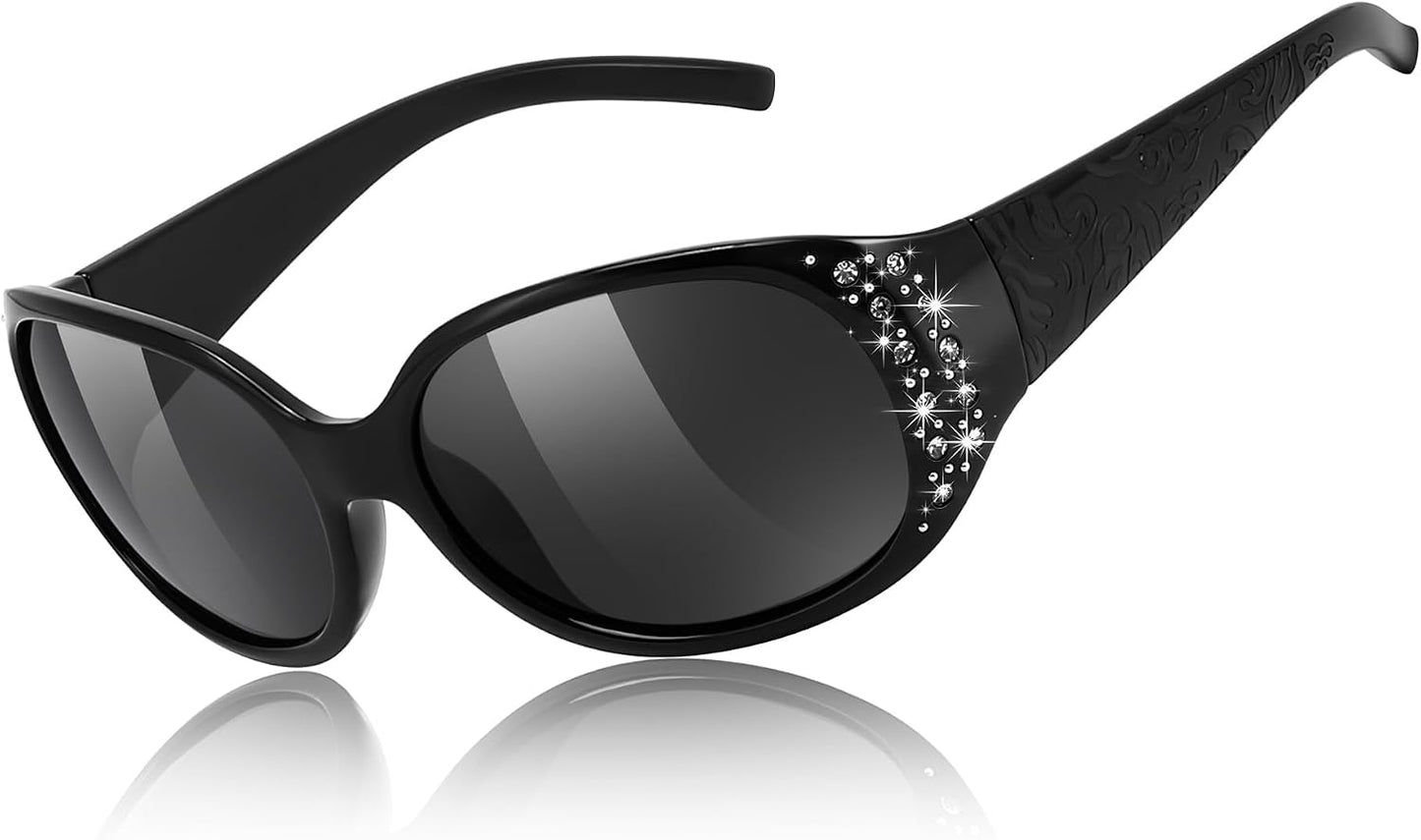 Black Frame & Grey Lens / 57 Millimeters | B0FZT3PJKY | FEISEDY Women's Polarized Sunglasses Wrap Around Rhinestone Design Fashion Sunnies UV400 Protection B1091