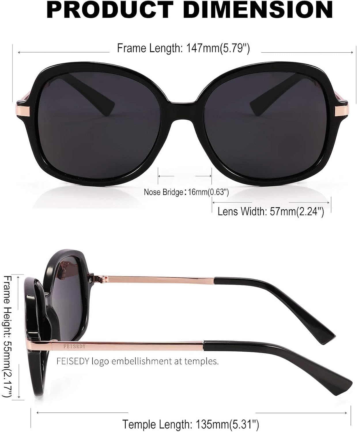 商品图片 6 | B08QDD5B67 | FEISEDY Classic Womens Elegant Polarized Sunglasses Ladies Wide Square Sunglasses Shades B2683