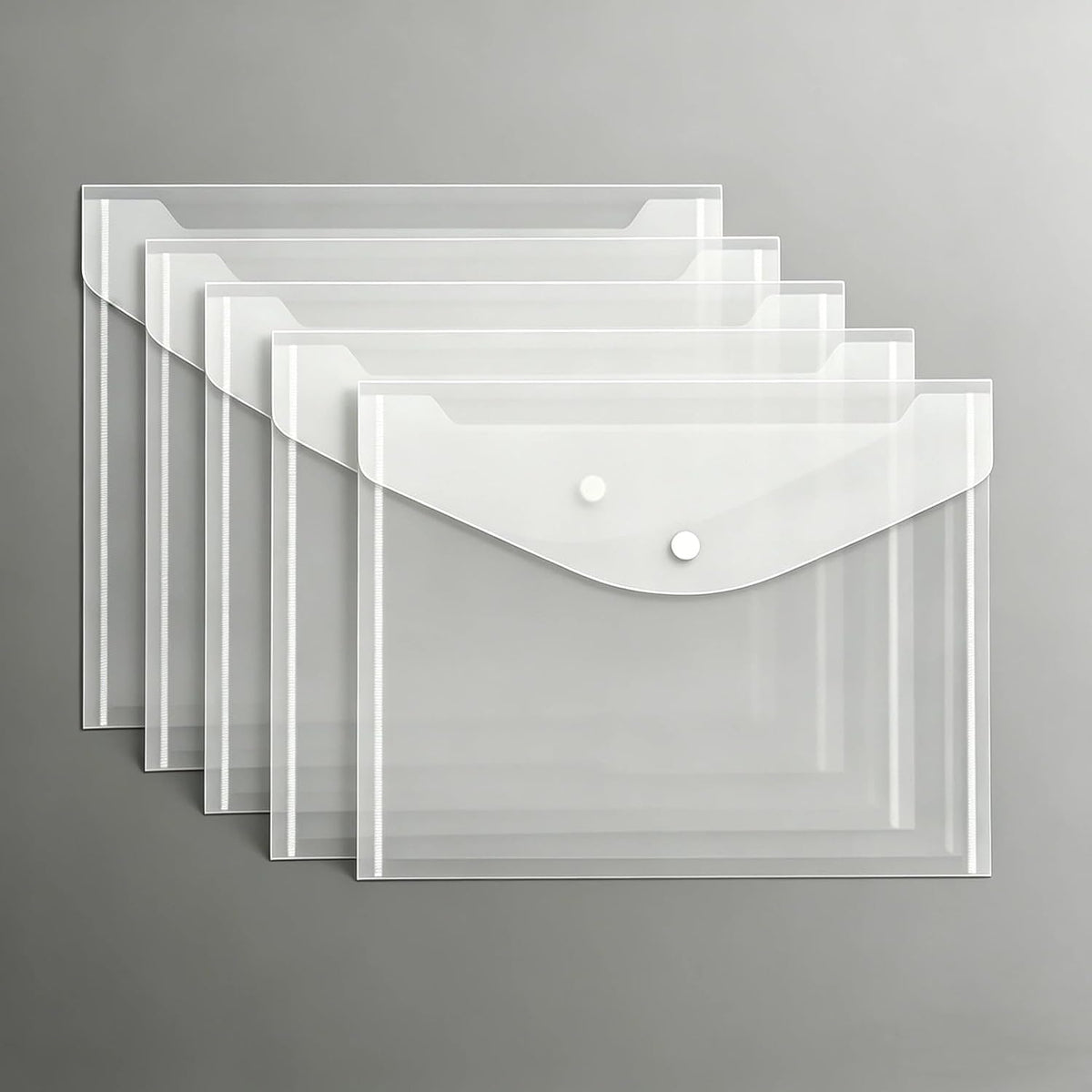 Clear | B0GZYS22ZH | 5 Pcs Document Envelopes with Snap Button, A4 Size Clear Plastic Reusable Quality File Folders for Office & School