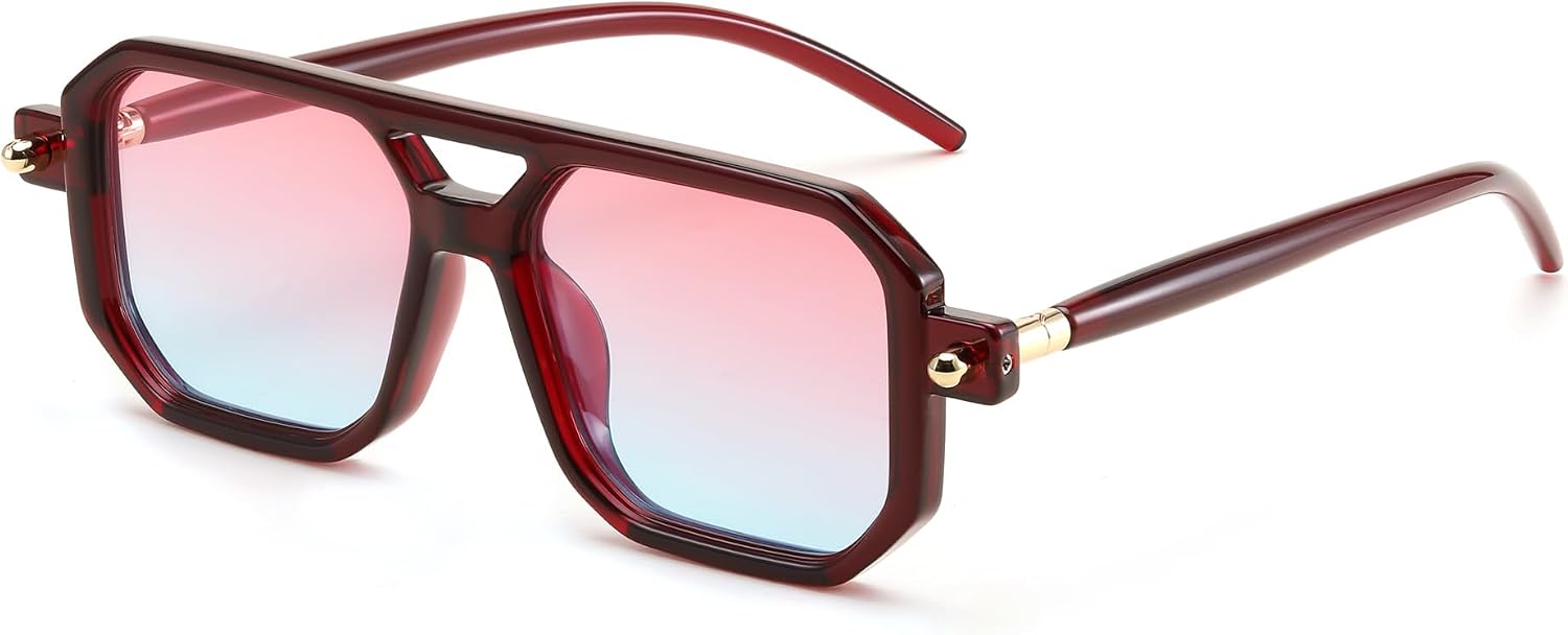 025 Dark Red Frame & Pink Blue Lens / 52 Millimeters | B0DF1TZTYQ | FEISEDY Vintage Square 70s Flat Aviator Sunglasses Women Men Classic Retro Stylish Frame UV400 Sunglasses B2622