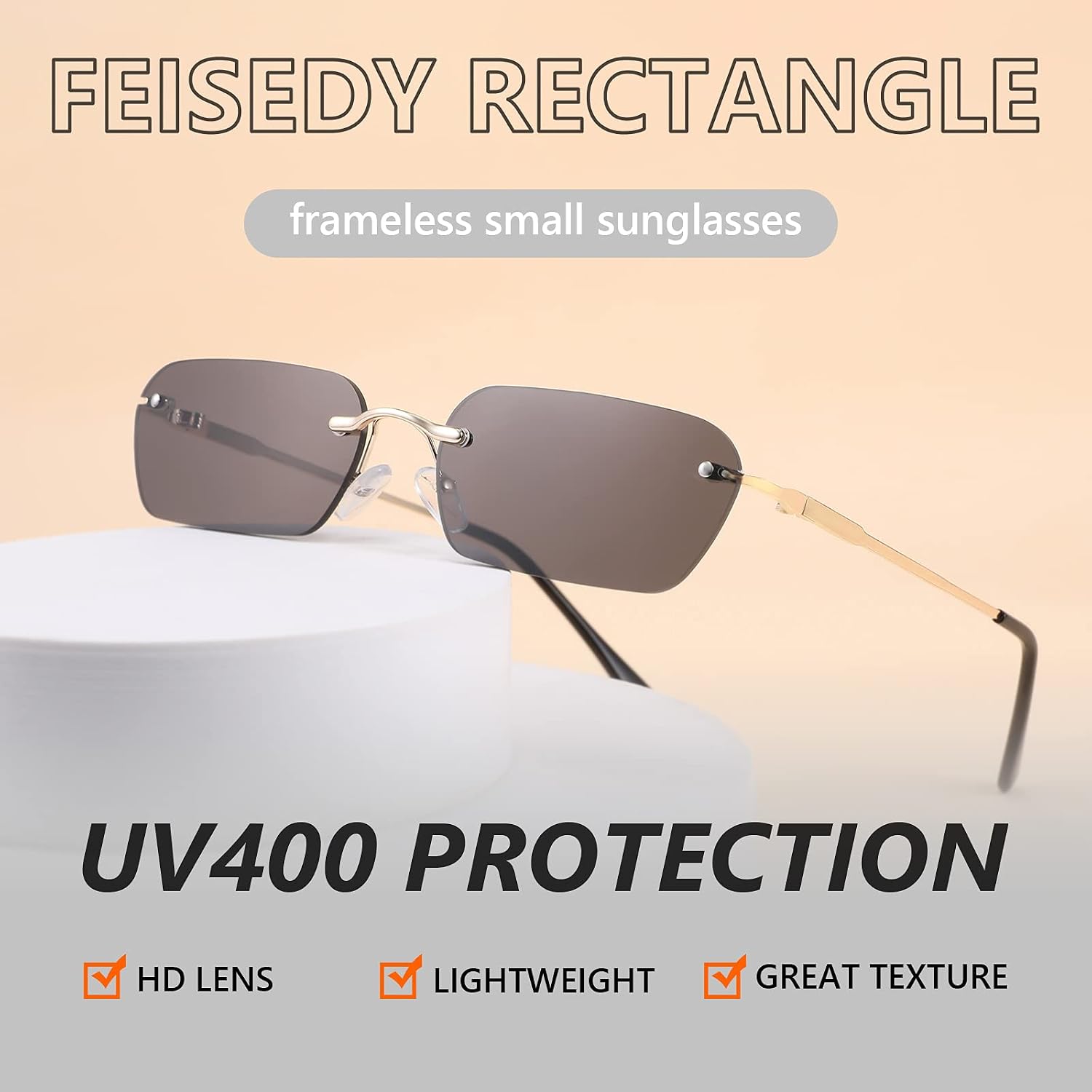 商品图片 25 | B0CY2Q4VW1 | FEISEDY Rimless Sunglasses Y2K Retro Small Narrow Rectangle Shades B2643