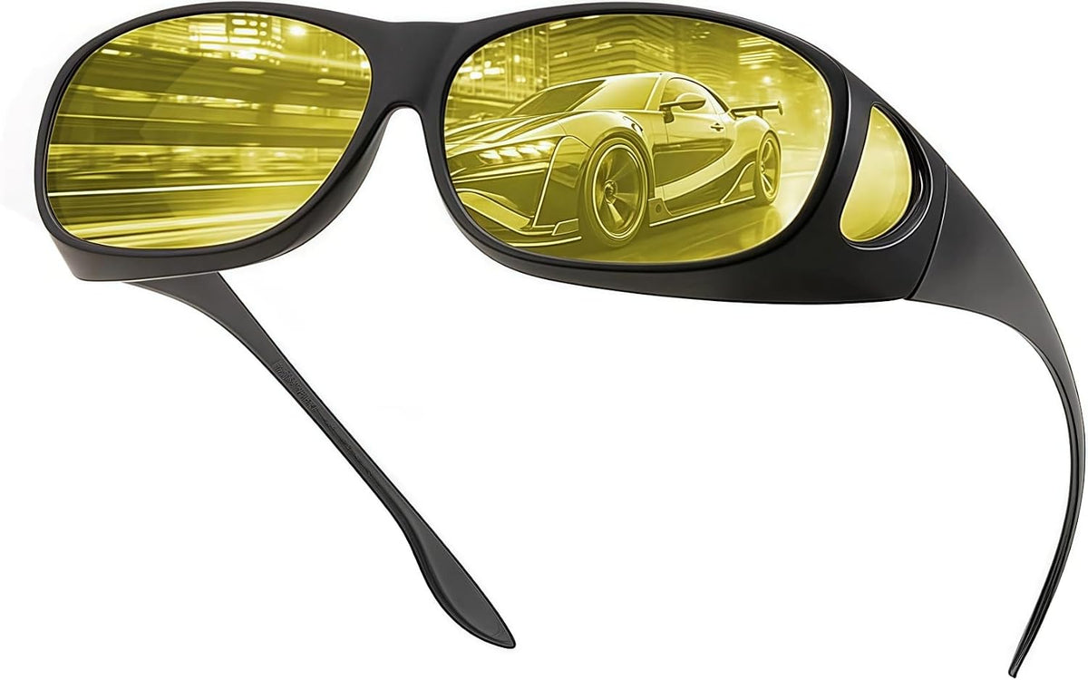 Black Frame Night Vision Yellow Lenses | B0GL4JLQHK | Night Driving Glasses,Men Women Fit Over Sunglasses Worn Over Regular Glasses, Anti Glare Night Vision Goggles Yellow Lens
