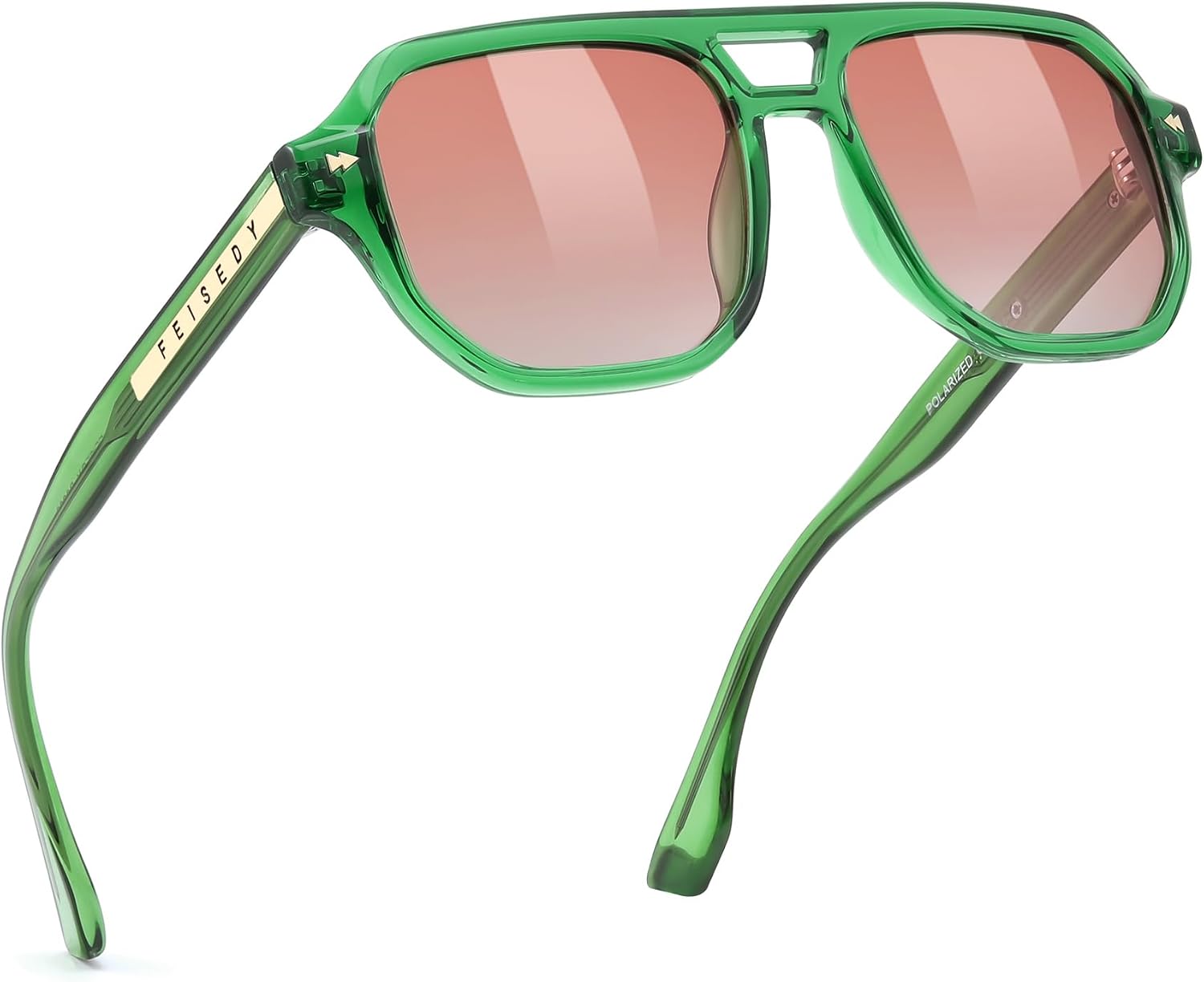 005 Transparent Green Frame & Gradual Red Lens / 49 Millimeters | B0DSGZ9LL4 | FEISEDY Polarized Aviator Sunglasses Men Women, Retro 70s Style Design - UV400 Protection, Driving & Daily Wear B0203