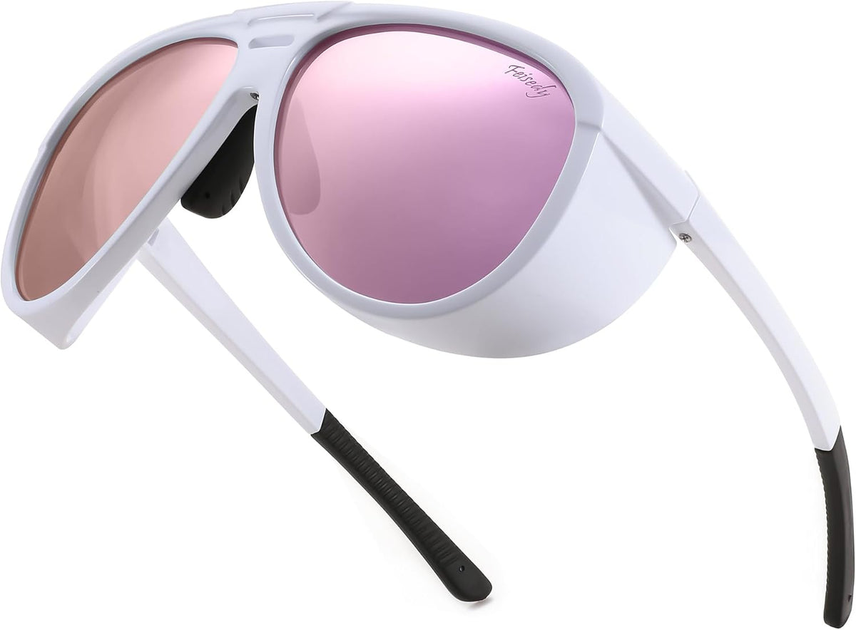White Frame & Pink Mirror Lens / 60 Millimeters | B0CT5MZ99V | FEISEDY Polarized Aviator Sunglasses Men Women Oversized Round Steampunk Sunglasses Side Shield Goggles B0095