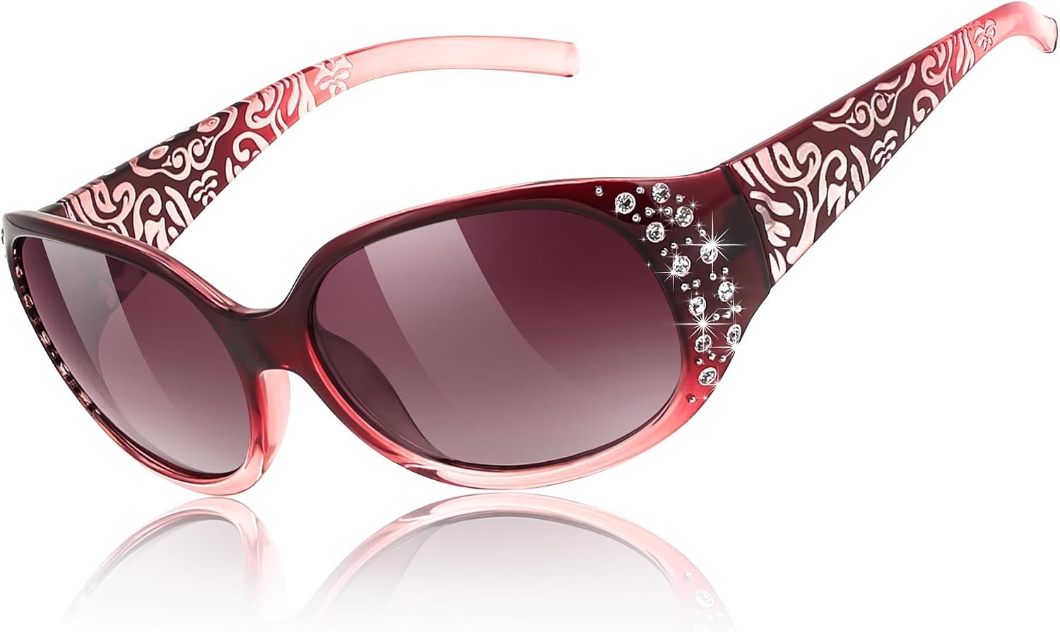 Gradual Wine Red Frame & Gradual Red Lens / 57 Millimeters | B0FZT56WQL | FEISEDY Women's Polarized Sunglasses Wrap Around Rhinestone Design Fashion Sunnies UV400 Protection B1091