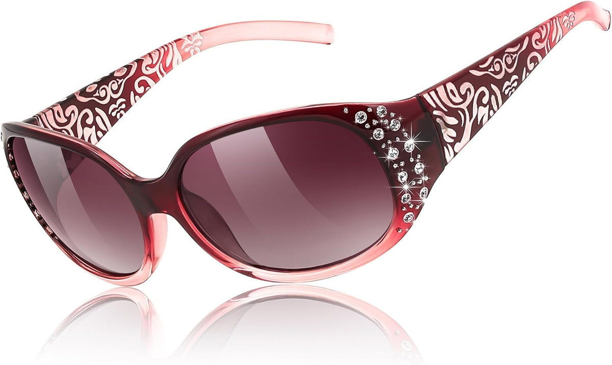 Gradual Wine Red Frame & Gradual Red Lens / 57 Millimeters | B0FZT56WQL | FEISEDY Women's Polarized Sunglasses Wrap Around Rhinestone Design Fashion Sunnies UV400 Protection B1091