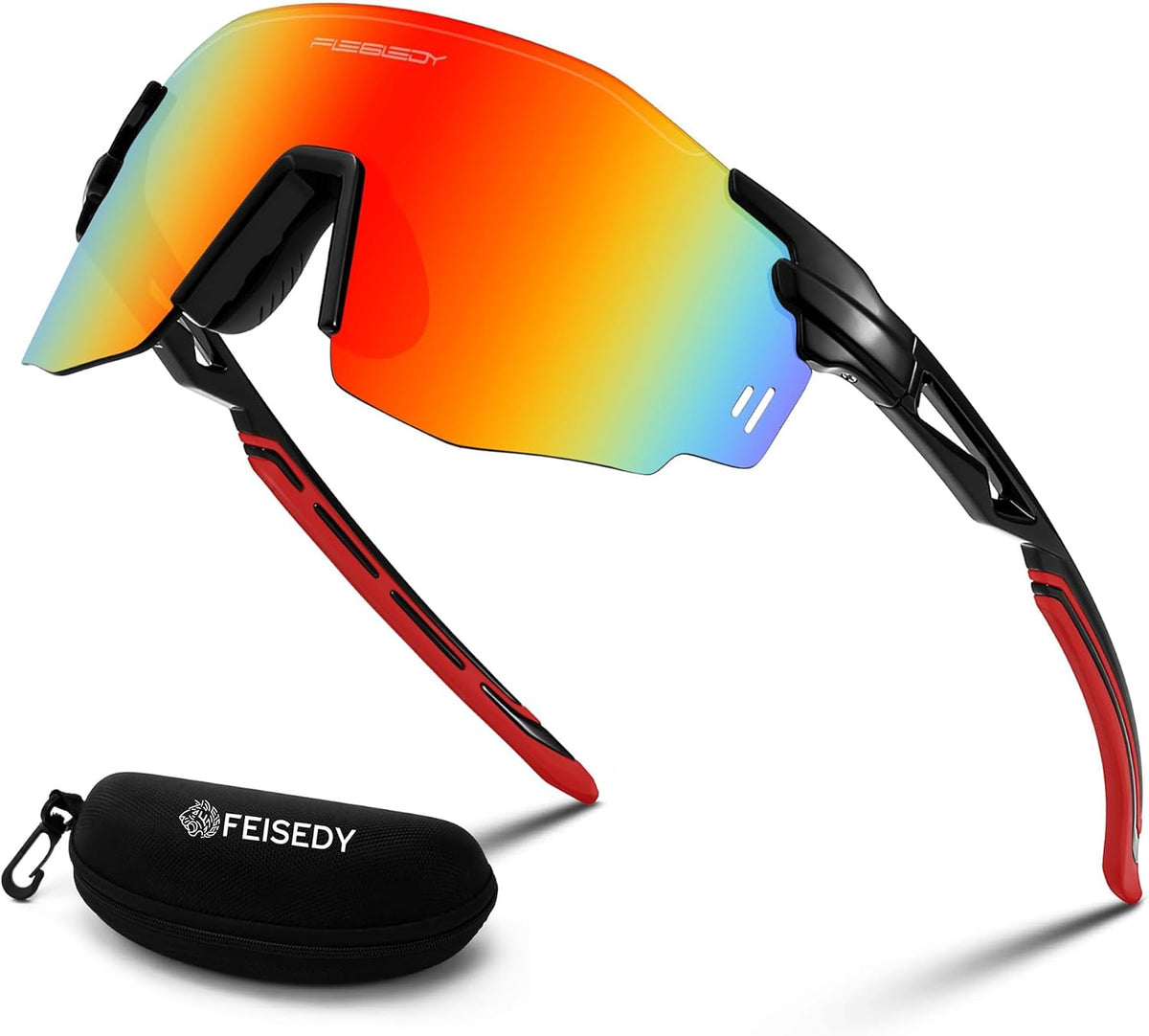 Black Frame Red Mirrored Lens / Large | B0CYZQ33KV | FEISEDY Rimless Sports Sunglasses for Men Women Tr90 Frame for Cycling Fishing Running B0116