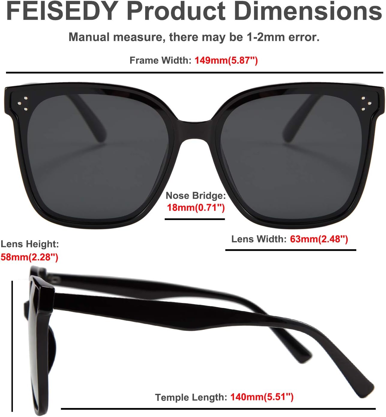 商品图片 15 | B0871BKMTN | FEISEDY Oversized Polarized Sunglasses - UV400 Protection, Square Fashion Sun Glasses for Outdoor & Daily B2600