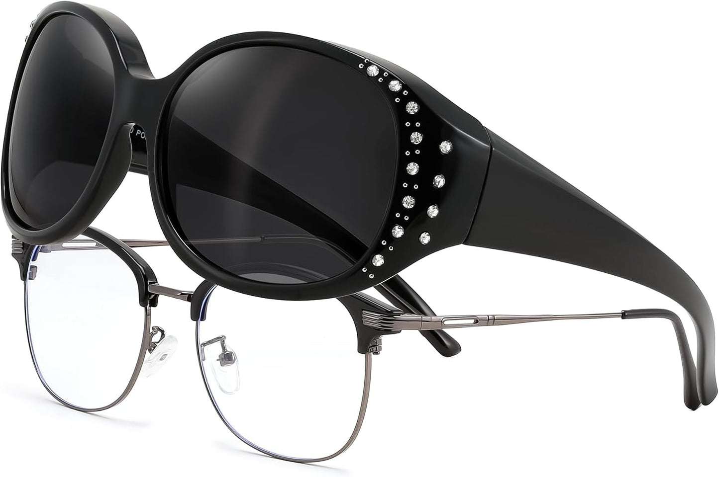 Black/Grey / 61 Millimeters | B0GRVLVZYS | FEISEDY Women's Polarized Wrap-Around Fit Over Sunglasses with Rhinestones, Anti-Glare Driving Sun Glasses B0362