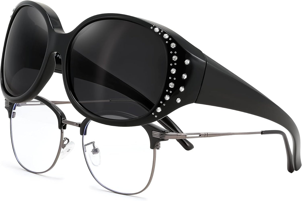 Black/Grey / 61 Millimeters | B0GRVLVZYS | FEISEDY Women's Polarized Wrap-Around Fit Over Sunglasses with Rhinestones, Anti-Glare Driving Sun Glasses B0362