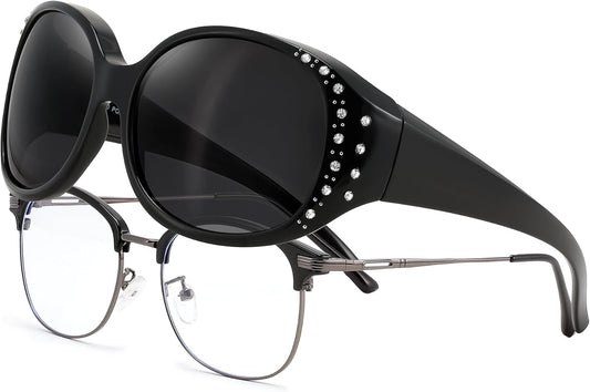 Black/Grey / 61 Millimeters | B0GRVLVZYS | FEISEDY Women's Polarized Wrap-Around Fit Over Sunglasses with Rhinestones, Anti-Glare Driving Sun Glasses B0362
