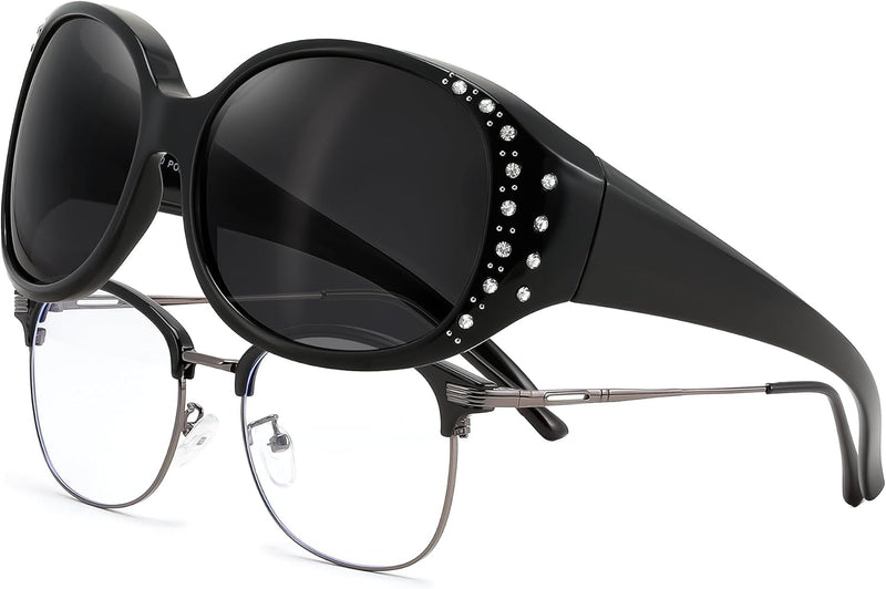 Black/Grey / 61 Millimeters | B0GRVLVZYS | FEISEDY Women's Polarized Wrap-Around Fit Over Sunglasses with Rhinestones, Anti-Glare Driving Sun Glasses B0362