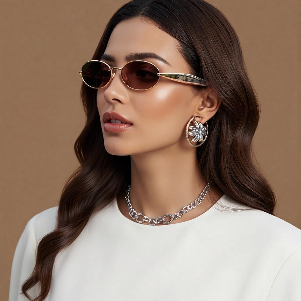 ÉÌƷͼƬ 2 | B0FH4FH8VH | FEISEDY Retro Oval Sunglasses Women Men - Gold Metal Chunky Frame, UV400 for Driving & Daily Wear B0312
