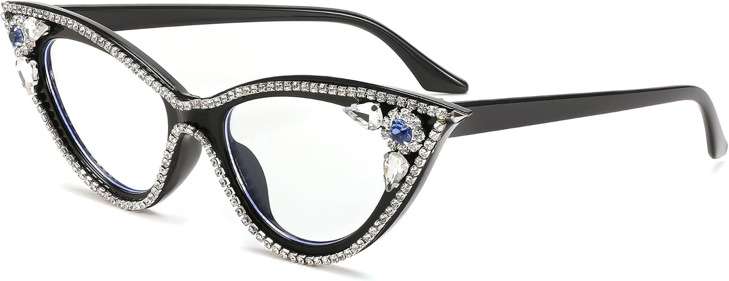 Black / 50 Millimeters | B0CQ55QSTT | FEISEDY Diamond Blue Light Blocking Glasses Cat Eye Rhinestone Women Glasses Frame Anti Eyestrain Computer Eyewear B0070