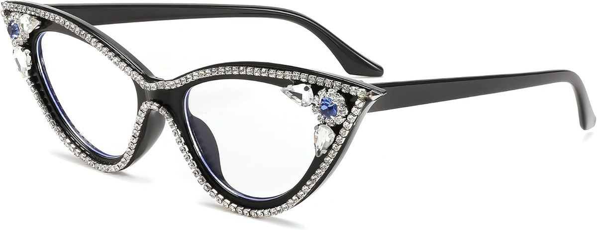Black / 50 Millimeters | B0CQ55QSTT | FEISEDY Diamond Blue Light Blocking Glasses Cat Eye Rhinestone Women Glasses Frame Anti Eyestrain Computer Eyewear B0070